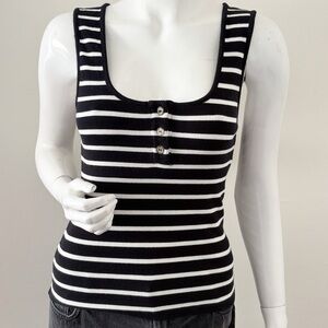 La Ligne New York City Black & White Stripe Ribbed Tank Top w Henley Buttons
